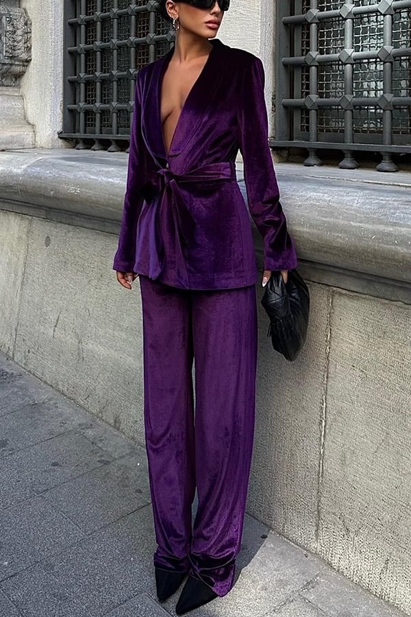 Cool Girl Energy Velvet Long Sleeve Belted Lapel Coat and Elastic Waist Pocketed Loose Pants Set