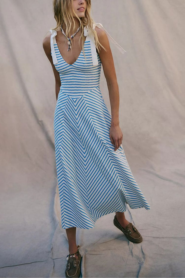 Linen Blend Solid Color V-neck Short Sleeve Waist Loose Slit Midi Dress