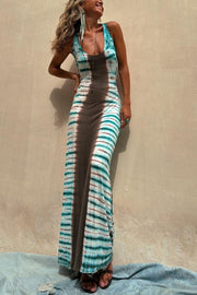 Nil Tie-Dye Print Back Lace-Up Stretch Maxi Dress