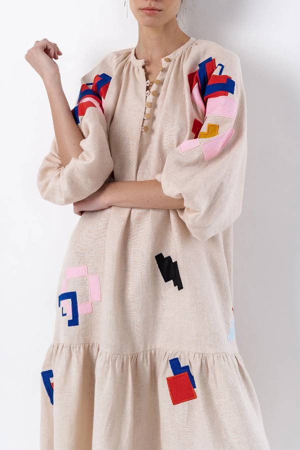 Linen Geometric Applique Lantern Sleeve Vacation Dress