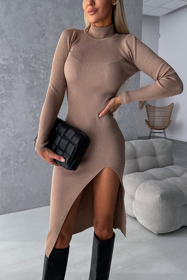 Morning Escape Knit Turtleneck Long Sleeve Slit Irregular Midi Dress