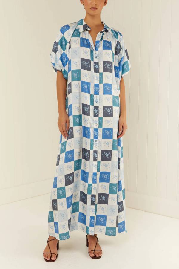 Blue Floral Tile Print Tie Waist Maxi Dress