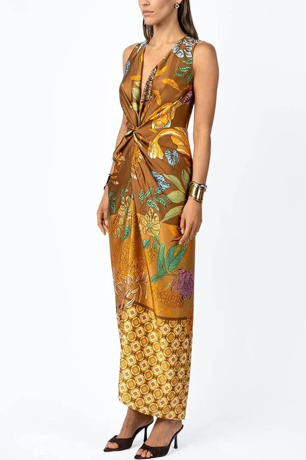 Naturally Inspired Satin Unique Floral Print Twist Waist Slit Drape Maxi Dress