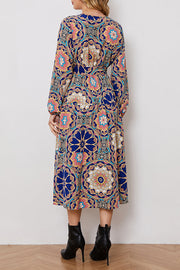 big flower long sleeve waist dress