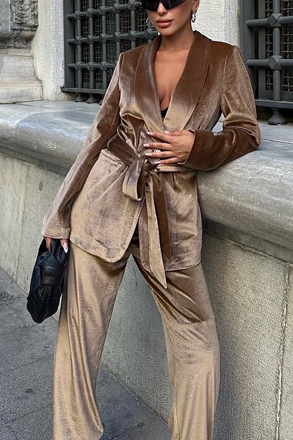 Cool Girl Energy Velvet Long Sleeve Belted Lapel Coat and Elastic Waist Pocketed Loose Pants Set