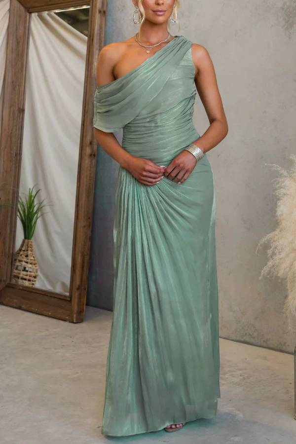 Shimmer One Shoulder Ruched Slit Maxi Dress