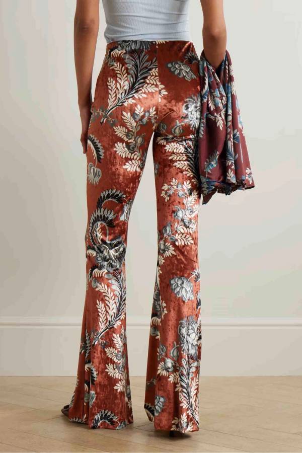 Exquisite Retro Folk Style Floral Print Elastic Bell-bottom Pants