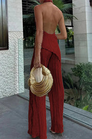 Charm and Charisma Texture Fabric Halter Neck Backless Tank and Elastic Waist Wide Leg Pants Suit