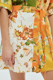 Linen Blend Unique Floral Print Tie-waist Mini Dress