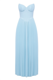 Strapless Cinch Waist Pleated Maxi Dresses-Blue [Pre Order]