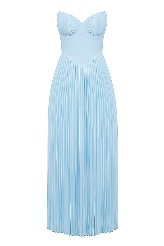 Strapless Cinch Waist Pleated Maxi Dresses-Blue [Pre Order]