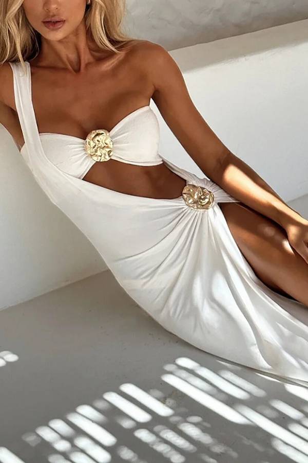 Metal Flower Decor One Shoulder High Slit Midi Dresses Swimsuit 3pcs Set-White