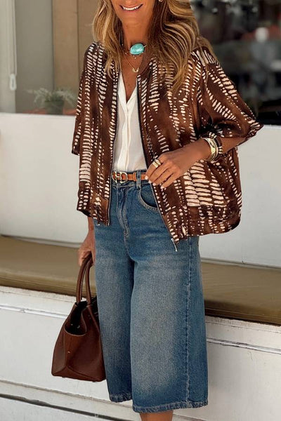 Brown and white tie-dyed batwing sleeve loose short coat