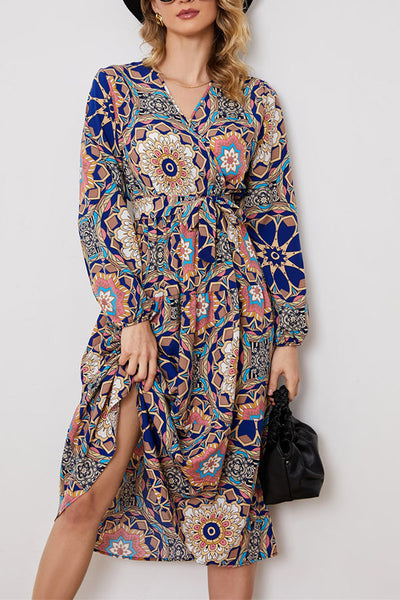 big flower long sleeve waist dress