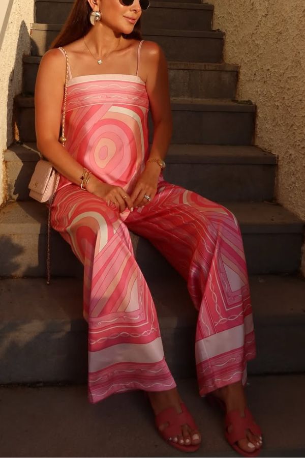 Caroline Satin Unique Print Scarf Tank and Elastic Waist Wide Leg Pants Set