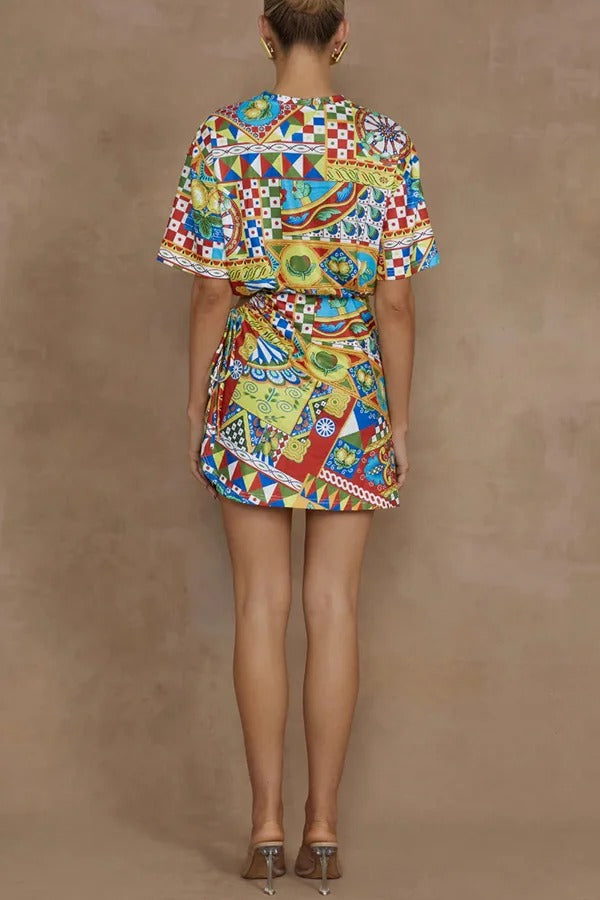 Unique Geometric Print Short Sleeve Off-Waist Tie Mini Dress