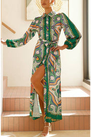 COLLARED BUTTON UP LONG BALLOON SLEEVE MAXI DRESS