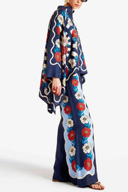 Fine Satin Floral Print Batwing Sleeve Pants Set - Blue