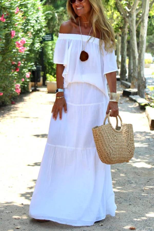 Casual Off Shoulder Solid Beach Maxi Dress