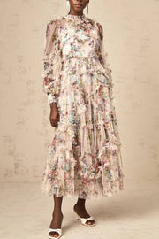 Candice floral ruffled tulle midi dress