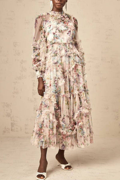 Candice floral ruffled tulle midi dress