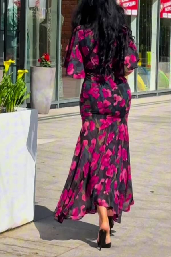 Retro V-neck trumpet sleeve printed dress