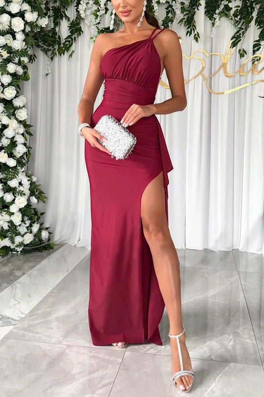 Party Love One Shoulder Ruched Waist Ruffle Slit Maxi Dress