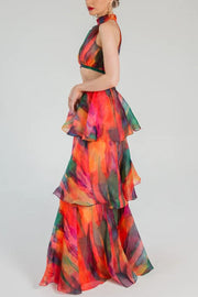 Playful Silhouette Tulle Aquarelle Print Crop Tank and Tiered Maxi Skirt Set