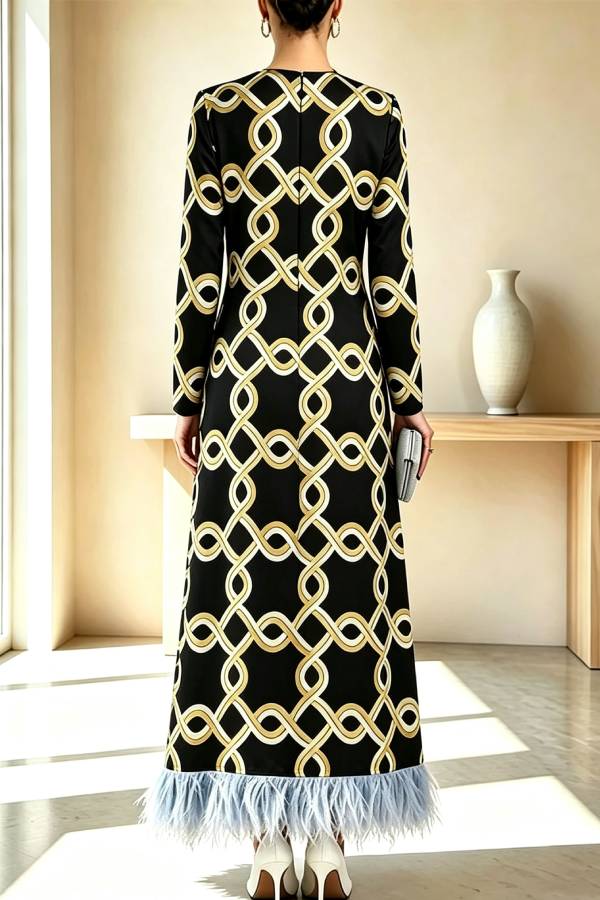 Cecilia Satin Colorful Baroque Style Printed Long Sleeve Feather Trim Maxi Dress