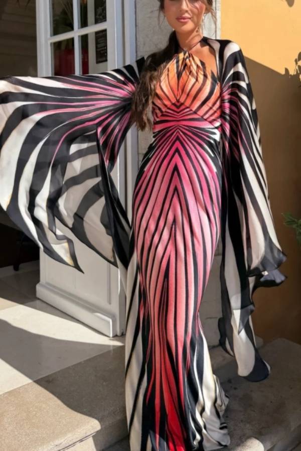 Ombre Butterfly Wing Print Halter Maxi Dress with Flowing Cape Sleeves