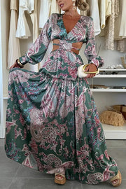 Gabbie Satin Paisley Print Cutout Elastic Waist Long Sleeve Full Hem Maxi Dress