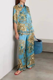 Floral Print Satin Shirt + Pants Casual Home Set