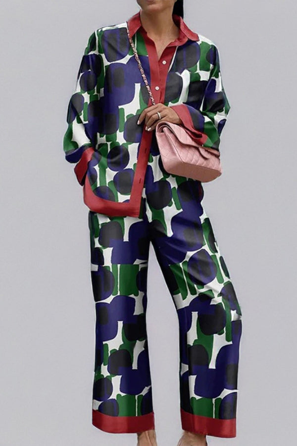 Loose Printed Long Sleeve Wide Leg Pants Fashion Suit