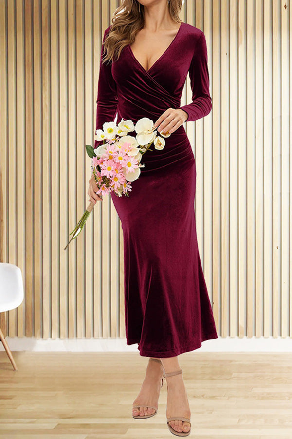 Velvet V-neck pleated hip skirt elegant fishtail slim dress evening dress