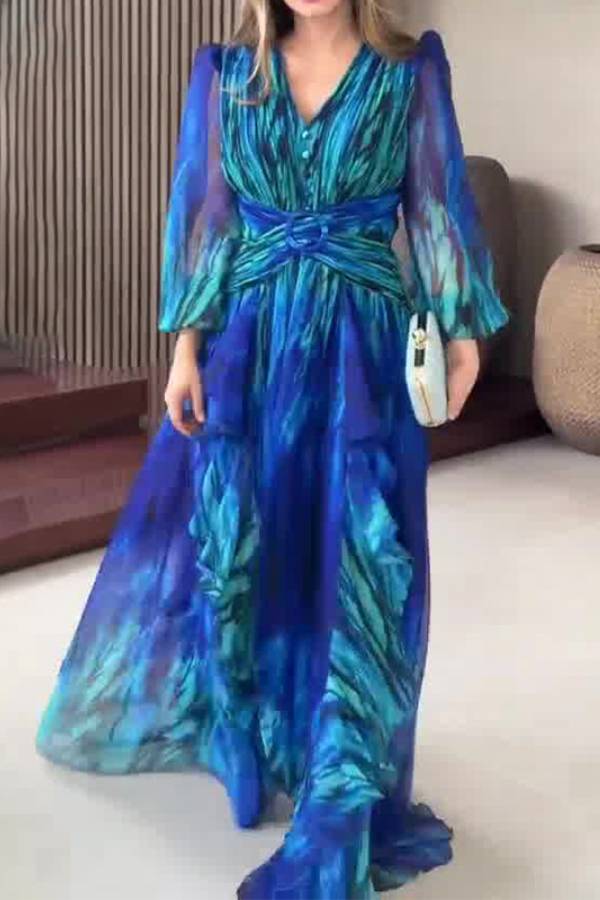V-neck puff sleeve fitted waist printed chiffon maxi dress