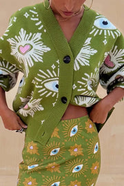 Mysterious Magic Knit Eye Heart Pattern Button Up Long Sleeve Loose Cardigan