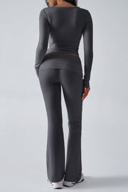 Women's Solid Color Simple Long Sleeve V-Neck Top And Trousers Knit Two-Piece Set