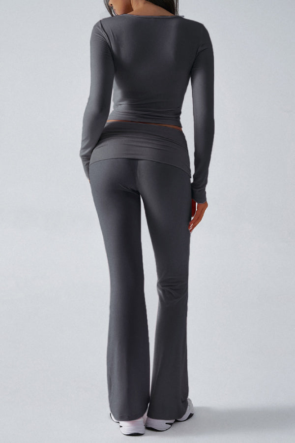 Women's Solid Color Simple Long Sleeve V-Neck Top And Trousers Knit Two-Piece Set