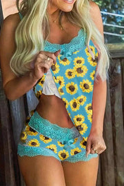 Sunflower Lace Trim Camisole And Shorts Pajamas Set