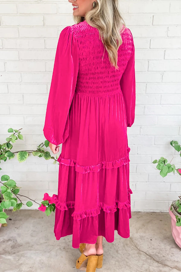 Rose Red Shirred V Neck Long Sleeve Velvet Dress