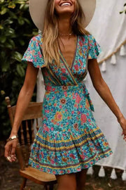 Ethnic print V-neck ruffle dress