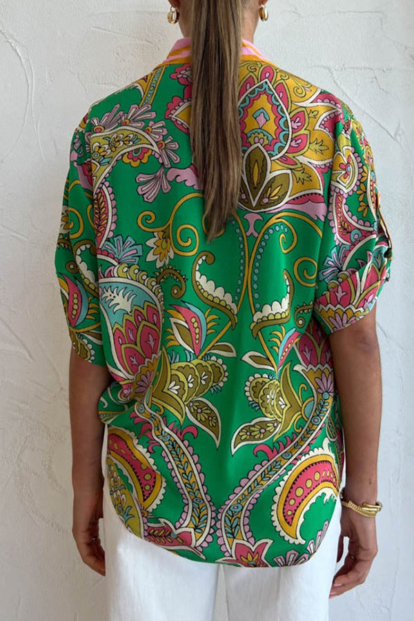 Free Me Today Satin Paisley Print Button Down Oversized Blouse