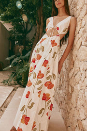 Eliska Linen Blend Poppy Print Cutout Contrast Trim A-line Maxi Dress