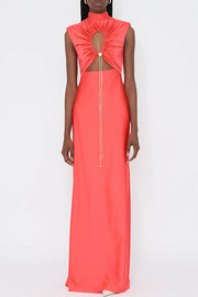 Genis Hollow Elastic Bust High Neck Sleeveless Gathered Maxi Dress