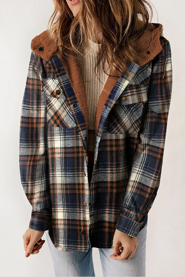 Snap Button Sherpa Lined Hooded Flannel Jacket