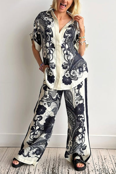 Linen Blend Lapel Short Sleeve Loose Top and Elastic Waist Casual Pocket Wide Leg Pants Set