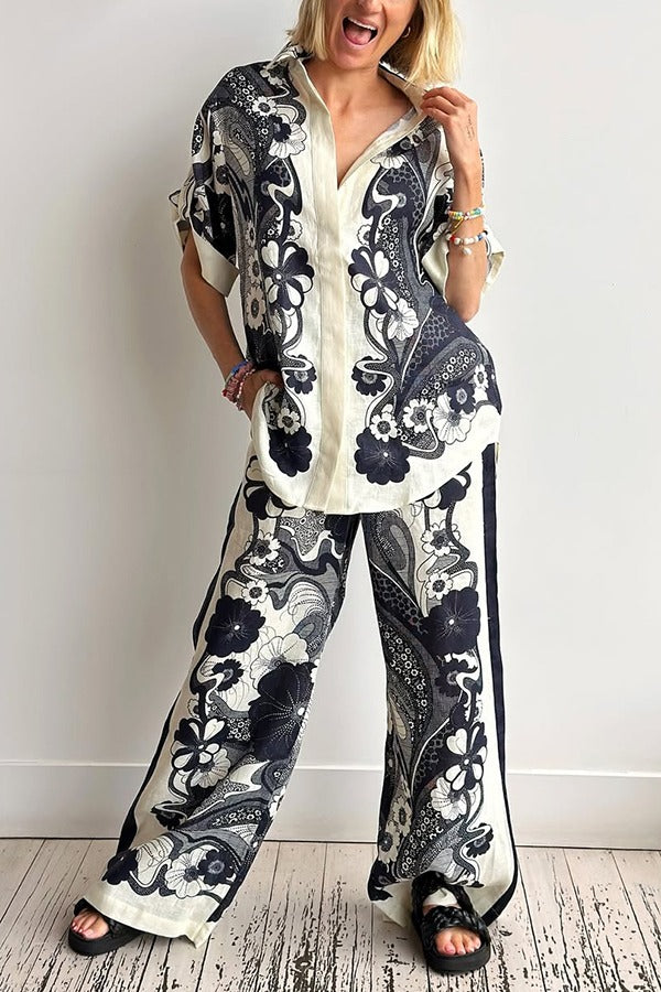 Linen Blend Lapel Short Sleeve Loose Top and Elastic Waist Casual Pocket Wide Leg Pants Set