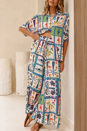 Unique Print Lapel Short Sleeve Loose Shirt and Elastic Waist Casual Pocket Wide Leg Pants Set