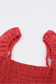 Red Smocked Ruffle Strap Pocket Wide Leg Jumpsuit