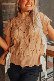 Light French Beige Hollowed Knit Scalloped Trim High Neck Sweater